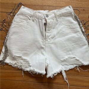 Savanna Jane Rhinestone Fringe Denim Shorts White Distressed Small